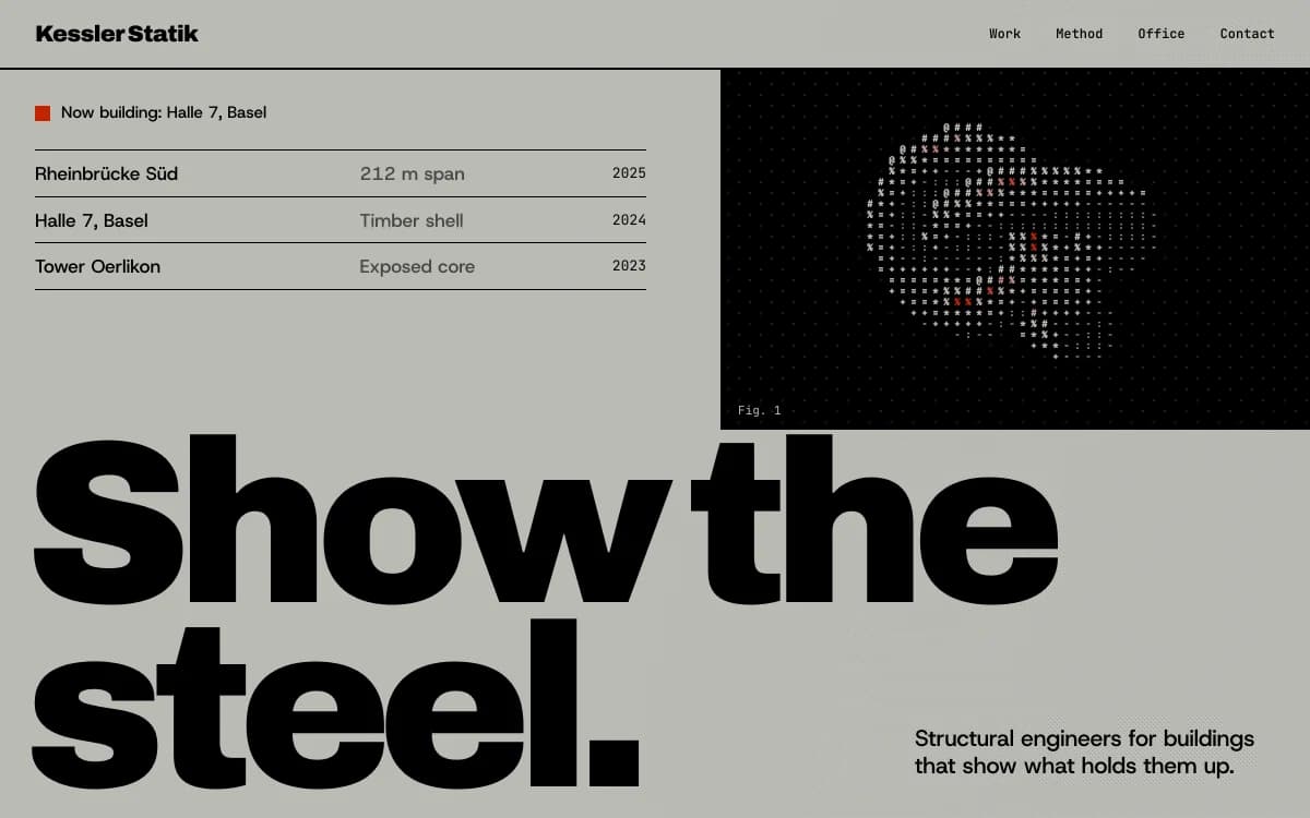 Swiss Brutal specimen: Raw grid, heavy grotesque, true black on concrete. Information is the ornament: rules carry data, type carries the voice, nothing is rounded.
